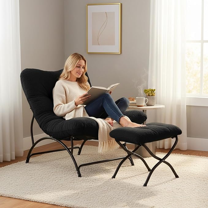 Tiita Accent Lazy Chair with Ottoman, Comfy Lounge Chair with Metal Frame and Plush Fabric, Thick Cushion Seated Cozy Recliner Chair for Reading Room, Living Room, Bedroom, Office, Black