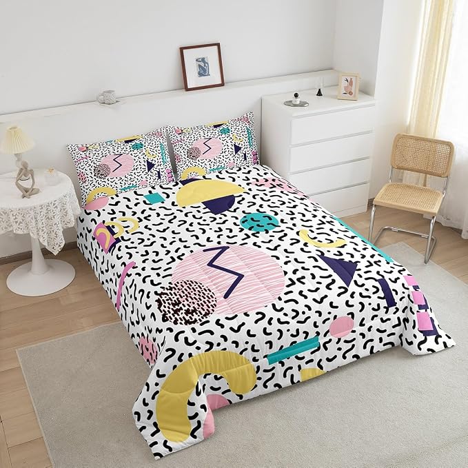 Manfei Memphis Comforter Set Full Size, Vintage Hip Hop Quilt Set with 2 Pillowcases, Retro 80s or 90s Geometric Fashion Style Bedding Set 3pcs for Kids Boy Girls Lightweight Duvet Insert