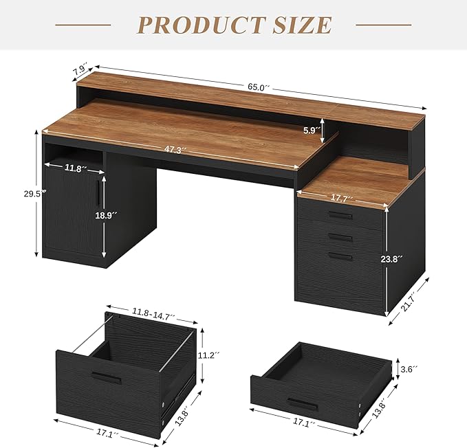 YOMILUVE Computer Desk with 3 Drawers & Storage Shelves, 65 Inch Home Office Desk with File Drawer & Cabinet, Writing Study Desks with Monitor Stand & Printer Shelf, Executive Desk, Brown and Black