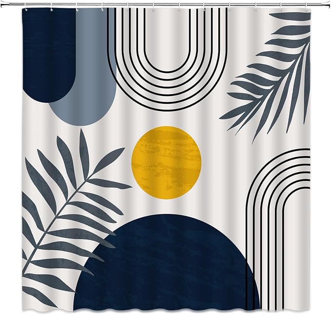 Mid Century Modern Shower Curtain Boho Navy Blue Abstract Retro Aesthetic Fabric for Bathroom Decor Bathtub with Hooks (67" WX70 H)