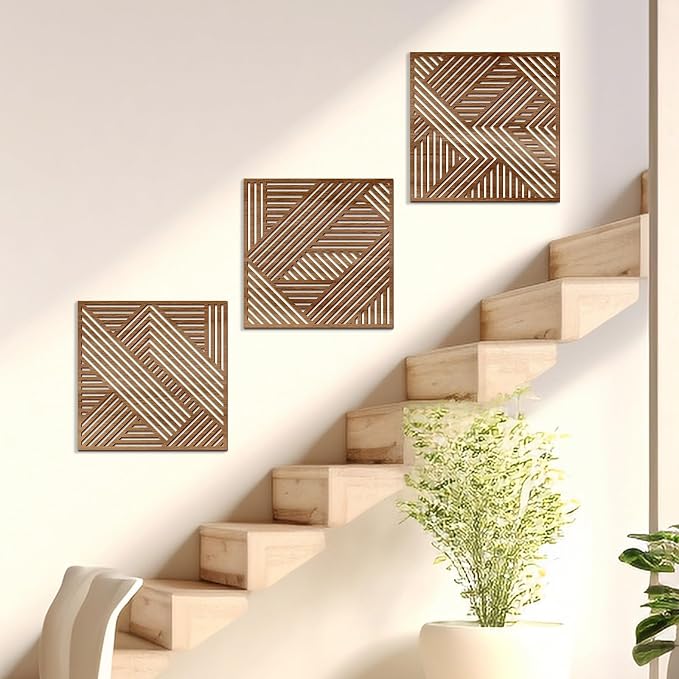 Bnesi 3 Piece Abstract Geometric Wood Wall Art Decor Modern Boho Minimalist Slatted Design Wall Sculpture Art Decor for Living Room Bedroom Home Bathroom (Exquisite, Medium)