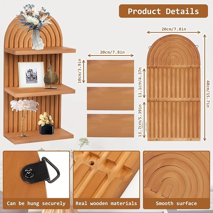 Qivine 2Pcs Boho Shelves for Wall, 3 Tier Rainbow Arch Wooden Floating Shleves, Boho Mid Century Shelf with Arched Wood Design Wall Mounted for Living Room, Bedroom, Bathroom Decor (Brown, 3-Tier)