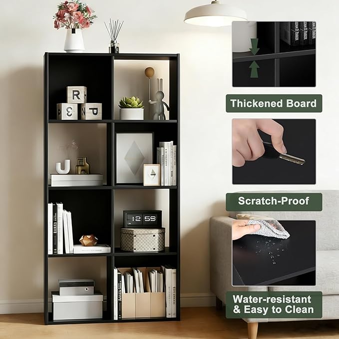 8 Cube Storage Organizer Shelf, Open Cube Bookshelf, Reversible Bookcase, Sturdy Modern Storage for Home Office, Bedroom, Living Room, Black