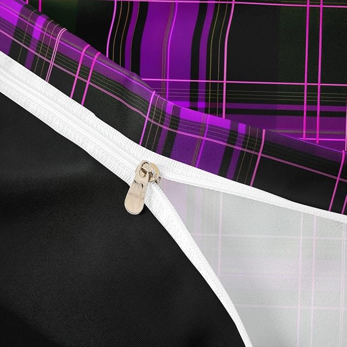 Erosebridal Geometric Plaid Grid Duvet Cover King Modern Checkered Tartan Bedding Set for Kids Teens Vintage Purple Black Comforter Cover Farmhouse Cabin Decor Bed Set, 2 Pillowcases