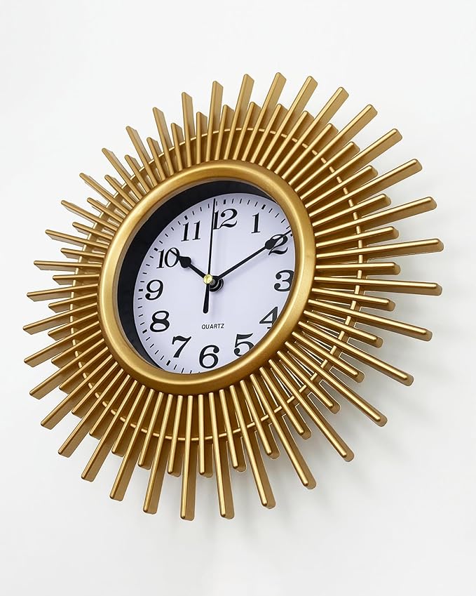 Gold Sunburst 10 Inch Small Wall Clock Battery Operated, Modern Boho Decorative Wall Clock for Living Room, Bedroom, Kitchen, Office, Bathroom
