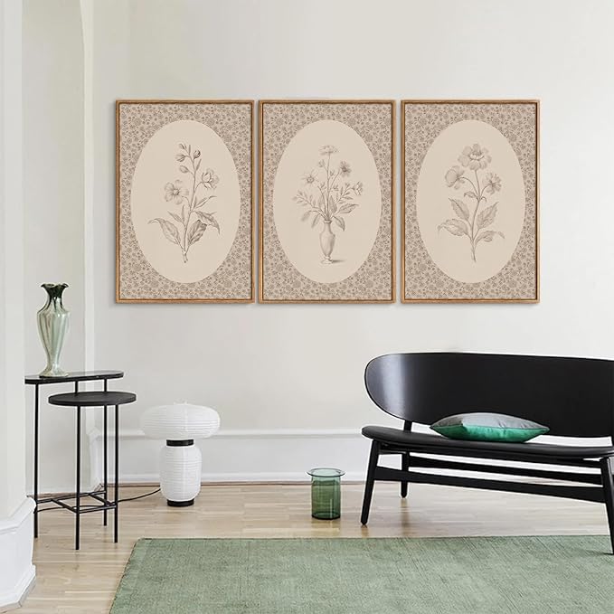 Rantodecor Vintage Flower Framed Canvas Wall Art Triptych, Rustic Floral Wall Decor, Retro Sketch Botanical Art Paintings, Antique French Cottage Artwork for Girls Bedroom Living Room Bathroom 16"x24"