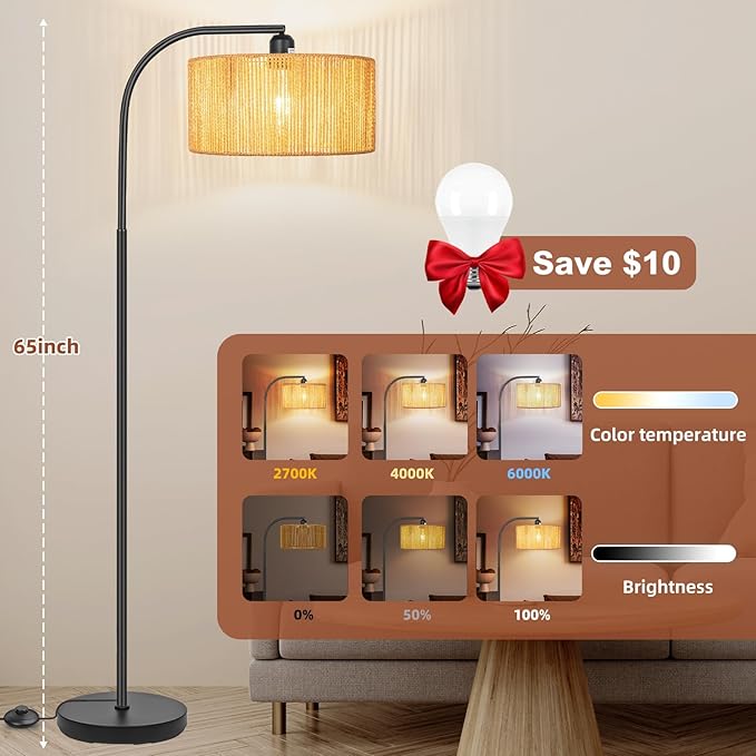 Boho Standing Lamp with Dimmable Bulb Nartual Rattan Adjustable Lampshade, Black Modern Farmhouse Rattan Floor Lamp for Living Room, Bedroom, Office, Classroom