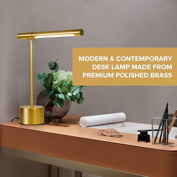 Bling All-Brass Mid Century Desk Lamp - Modern Gold Bankers Shade - 18-in LED Light - Adjustable Table Lamp for Study, Bedside Reading - Polished Brass