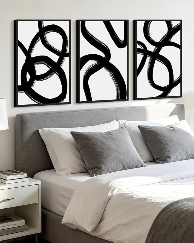 KUVIOKE Black and White Abstract Framed Wall Art Ink Wash Minimalist Lines Painting Artwork for Bedroom Hallway 16x24in (Black Framed)