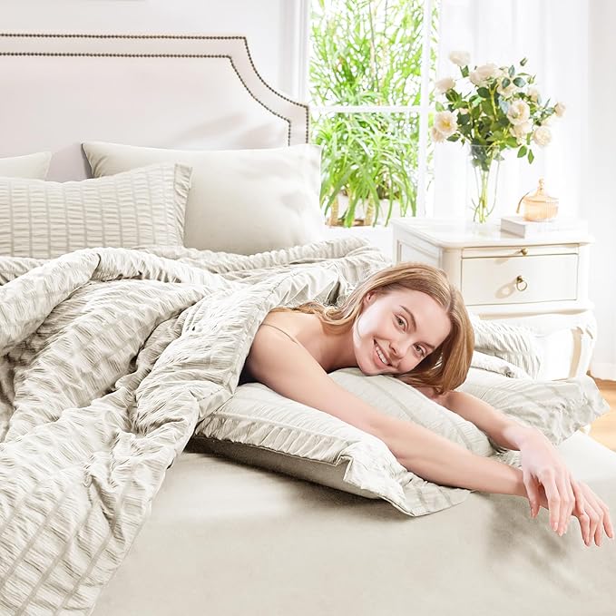 CozyLux California King Comforter Set with Sheets 7 Pieces Beige Seersucker Bed in a Bag, Cal King Luxury All Season Bedding Set with Down Alternative Comforter, Sheets, Pillowcases & Shams, Home Gift