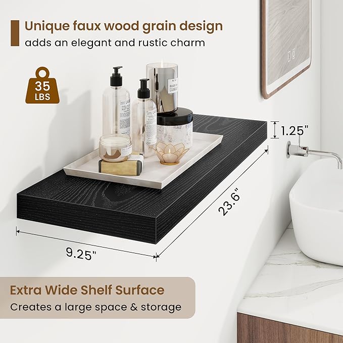 24in Floating Shelves for Wall, 24"W x 9.25"D x 1.25"H, 2 Pack Long Wall Mounted Engineered Wood Shelves with Invisible Brackets for Living Room, Bedroom, Bathroom, Kitchen Decor and Storage, Black