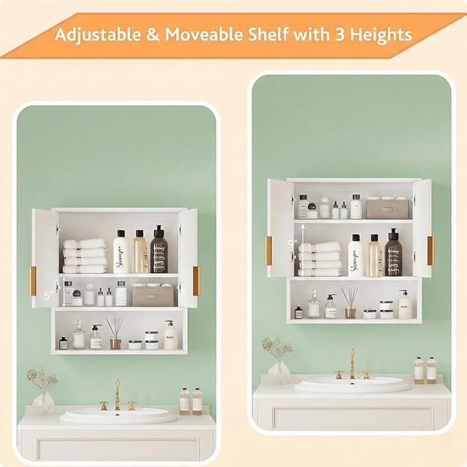 VINGLI White Bathroom Wall Cabinet, Modern Fluted Medicine Cabinet with Gold Handles, Wall Mounted Storage Over Toilet with Adjustable Shelf, Soft Close Hanging Organizer for Kitchen, Laundry Room