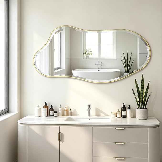 POZINO Irregular Beveled Mirror, 40"x20" Asymmetrical Vanity Wall Mirror with Gold Metal Frame, Organic Shape Mirrors for Entryway Bathroom Living Room Bedroom Hallway, Horizontal/Vertical Hanging