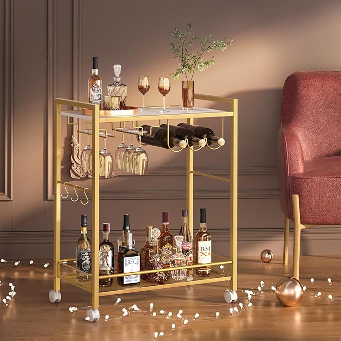 Bar Cart, Home Bar Serving Cart with 2-Tier Shelf,Rolling Beverage Cart with Wheels,Mobile Kitchen Shelf,Modern Wine Drink Cart with Wine Rack and Glass Holder for Kitchen,Dinning Room,Gold