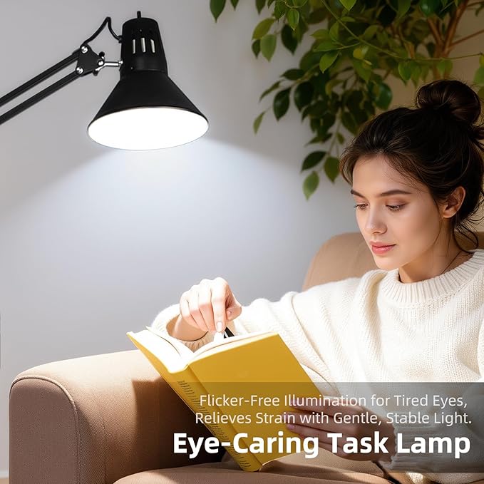 Desk Lamp With Clamp for Home Office, Eye-Caring Clip on Light with Adjustable Extra Tall Metal Swing Arm, High Intensity Clamp Lamp w/LED Bulb, Architect Task Table Lamps for Study, Workbench-B/5000k