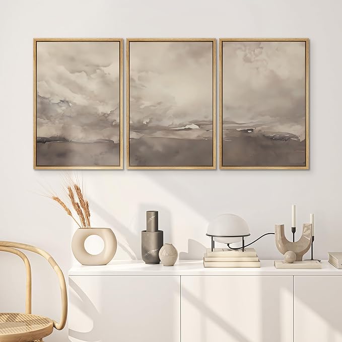 SIGNWIN Framed Canvas Print Wall Art Set Neutral Cloudy Sky Landscape Soft Beige and Taupe Illustrations Modern Art Decorative Relax/Zen Nordic for Living Room, Bedroom, Office - 16"x24"x3 Natural