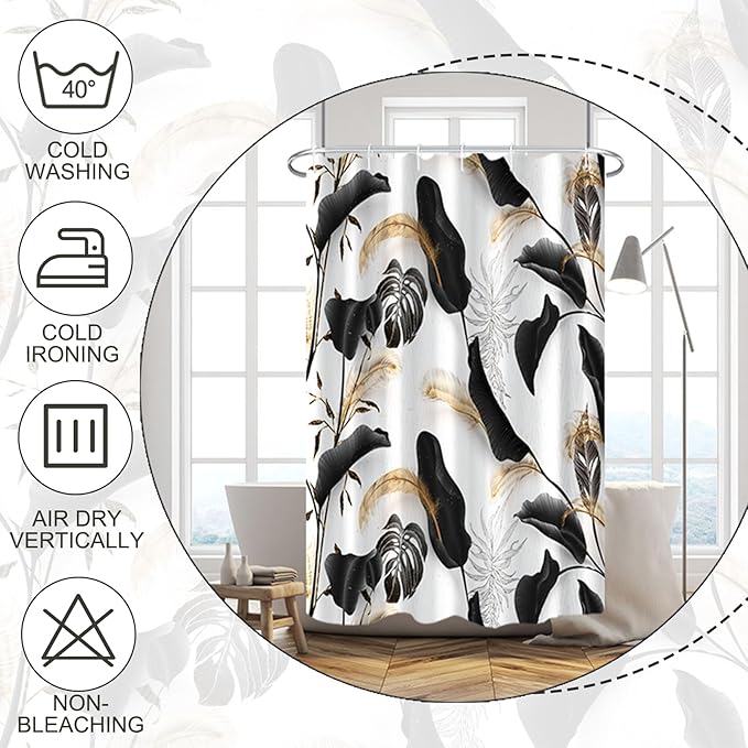 Baocicoo Black Leaves Shower Curtain Bohemian Style Shower Curtain for Bathroom Tropical Leaves Boho Floral Shower Curtains Bathtub Living Room Decor Bathroom Decorations with Hooks 36x72 Inches