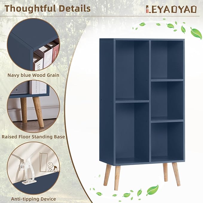 LEYAOYAO 5 Cube Bookshelf 3-Tier Bookcase with Legs,Mint Dark Blue Kids Book Shelf Cute Storage Organizer,Free Standing Open Toy Shelves Wood Bookshelves,Display Bookcases for Bedroom,Living Room