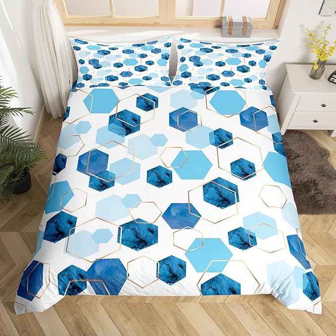Erosebridal Hexagon Comforter Cover Navy Blue Bed Set, Watercolor Honeycomb Duvet Cover Twin Size Abstract Tie Dye Bedding Sets, Luxury Gold Hexagon Bedspread Cover Microfiber