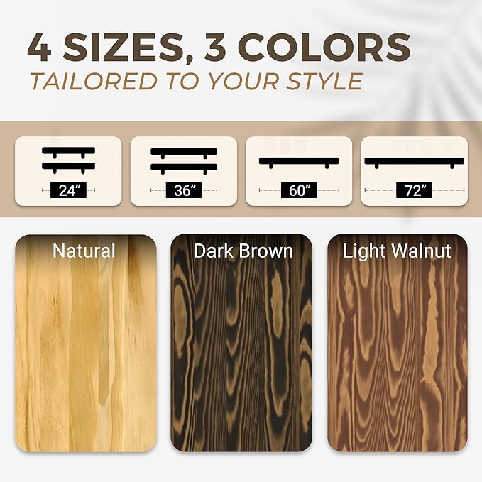 24'' Pine Wood Floating Shelves for Wall- Set of 2 - Rustic Wall Mounted Wooden Shelf for Stylish Home Décor (Dark Brown, 24x6.5x1.25), 2pcs