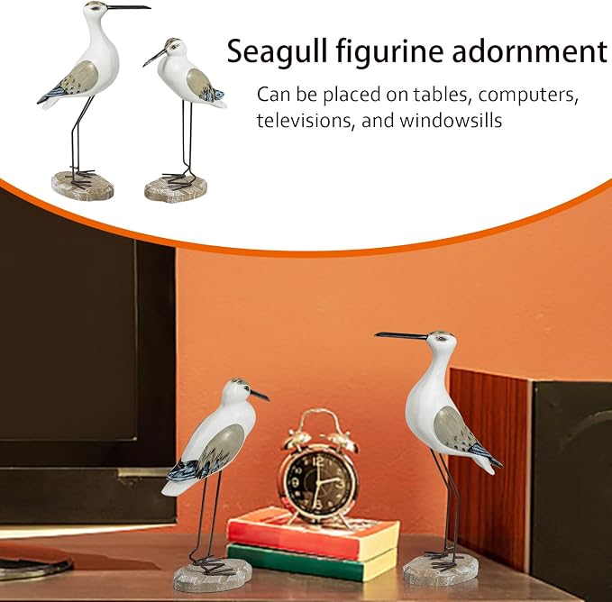 2Pcs Wooden Seagull Figurines, Mediterranean Style Bird States Ornaments for Beach,Garden, Backyard,Balcony, Living Room Decoration