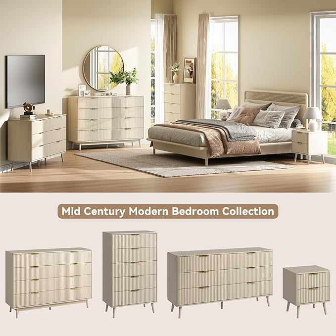 CARPETNAL Fluted 5 Drawers Dresser for Bedroom, 45" Tall Wooden Chest of Drawers with Rounded Corners, Gold Handles, Modern Storage Organizer for Bedroom, Hallway (Beige)
