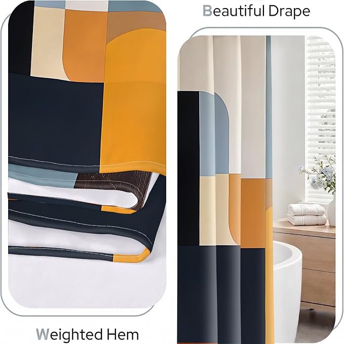 Brown Mid Century Shower Curtain, Abstract Geometric Modern Pattern, Navy Blue and Yellow Boho Bathroom Decor, Retro Art Waterproof Fabric Bath with Hooks, 72x72 Inch