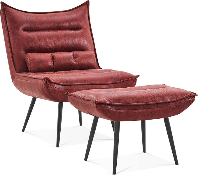 MCombo Wingback Accent Chair with Ottoman, Modern Bronzing Fabric Upholstered Club Chair for Small Space, Living Room 4400 (Burgundy)