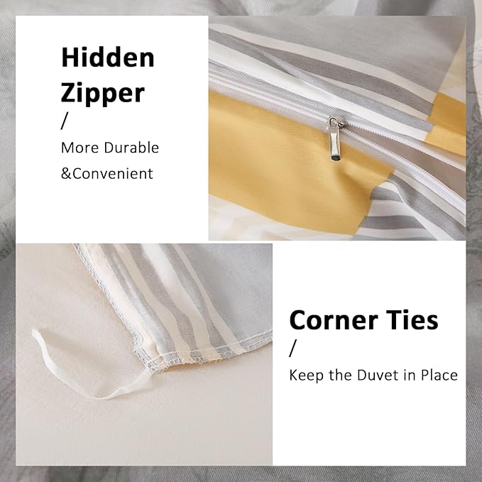 Yellow and Grey Duvet Cover Set Queen Size, 100% Natural Cotton Geometric Duvet Cover 3 Piece Soft Breathable Bedding Set for All Seasons