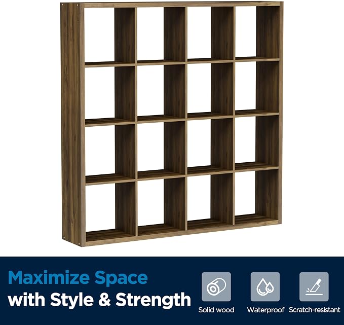 16 Cube Storage Organizer Bookcase, Thick Frame Wood Grain Storage Shelf, Rectangular Cube Open Back Display Unit, 48.8x9.4x48.8 Inches for Living Room, Bedroom, Home Office, Children's Room, Brown