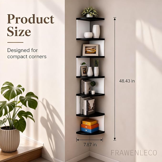 No-Drill Corner Shelf Wall Mount, 7-Tier Floating Corner Bookshelf with Hooks, Space-Saving Zigzag Plant Shelf for Bedroom, Living Room, Bathroom, Home Office(White & Black)