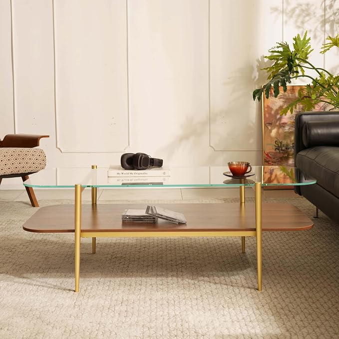 Saint Mossi Tadio Double Layer Glass Coffee Table for Living Room, Clear Glass & Coffee Brown MDF Bottom Shelf with Round Corners, L41xW21xH17