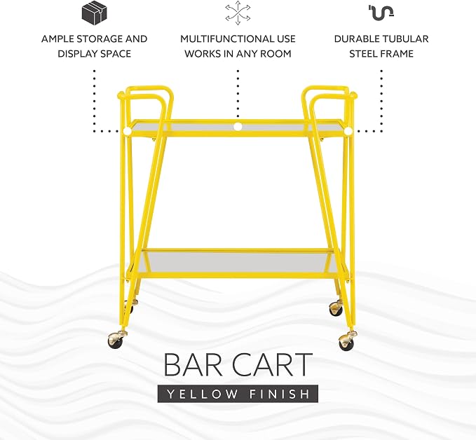 Linon Gina Yellow Mid Century Bar Cart with Mirrored Shelves
