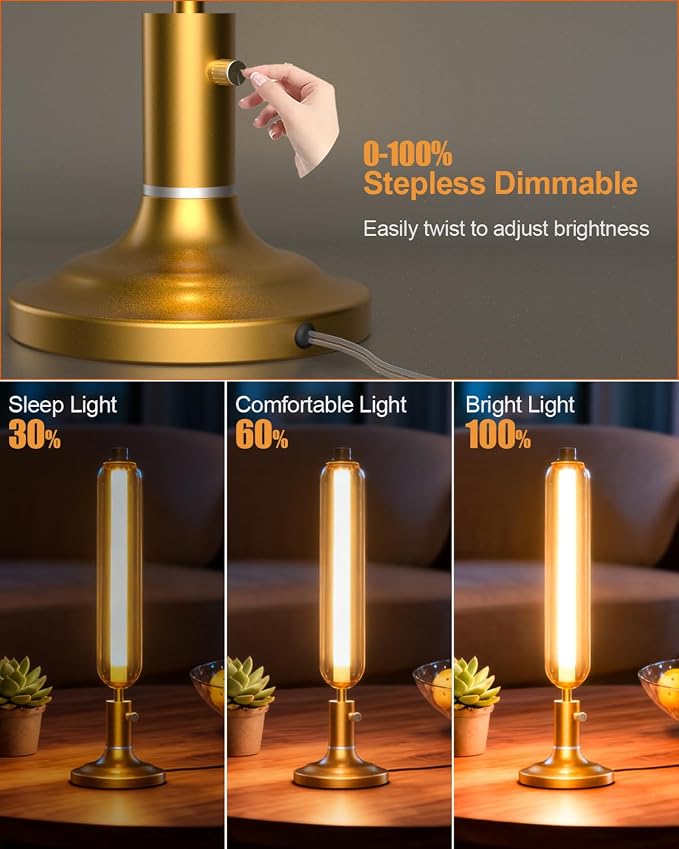Lightdot Minimalist Table Lamp for Living Room, Mid Century Modern Farmhouse Bedside Lamps with Brown Glass Shade, 3000K Warmwhite Dimmable Nightstand Lamp for Bedroom-Gold