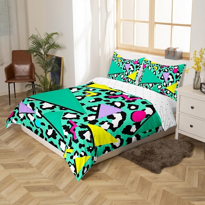 Cheetah Skin Comforter Cover African Safari Animal Hide Bedding Set for Teens Mens Boys Retro 80s 90s Memphis Duvet Cover Circular Triangle Geometric Quilt Cover Urban Art Bedroom Decor King Size