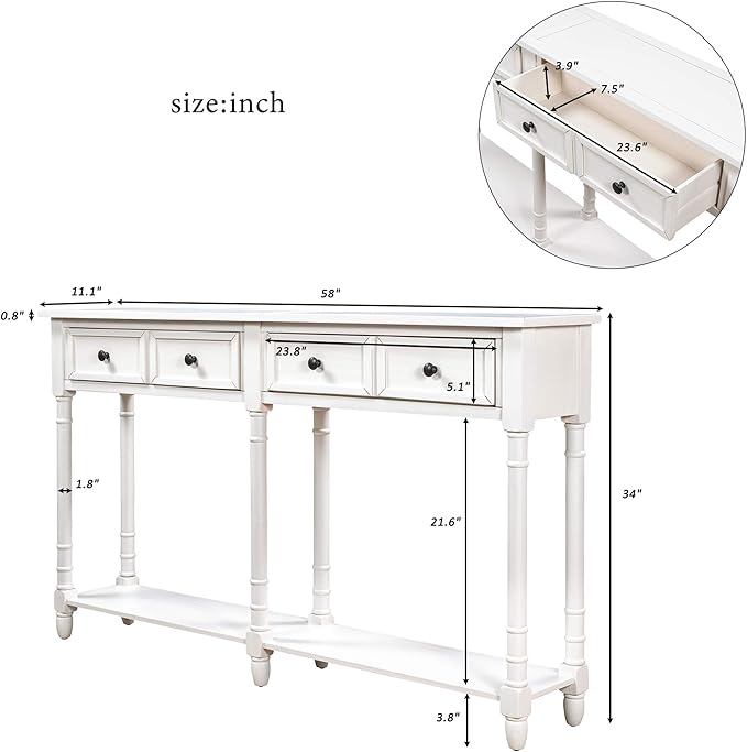 Merax Retro Console Table Sofa Table for Entryway with Drawers and Shelf Living Room Table (White)