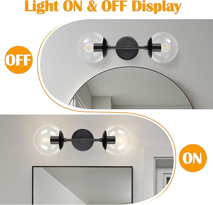 KoKo&Yukina 2 Pack Mid Century Modern Bathroom Vanity Light Matte Black Vanity Lighting Fixtures Modern Wall Sconce 2-Lights Globe Vanity Light with Clear Glass Shade for Bathroom(Bulb Incl.)