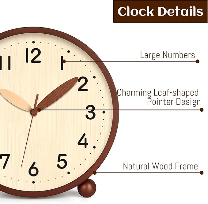 Maxspace Wooden Table Clock,8in Silent Non-Ticking Desk Clock,Battery Operated Desktop Analog Clock for Living Room Bedroom Kitchen Office Classroom Decor (Walnut - Log)