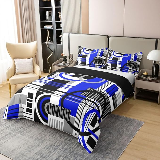 Erosebridal Art Deco Mid Century Duvet Cover Set Retro Modern Abstract Geometric 100% Cotton Comforter Cover Black and White Navy Blue Circles Stripes Queen Bedding Sets, Contemporary Bed Sets