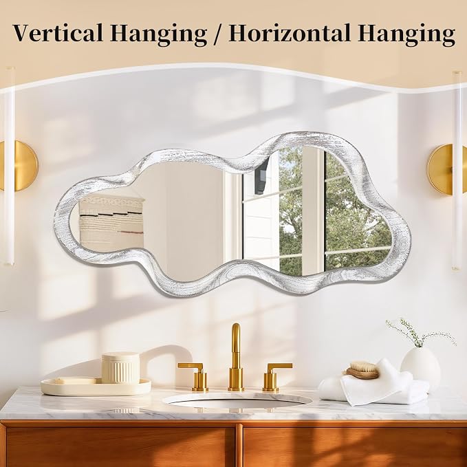 Asymmetrical Mirror Large Irregular Wall Mirror Modern Wood Frame Unique Artistic Mirrors Cute and Stylish Cloud Wavy Mirror Decorative for Cloakroom Bedroom Living Room Bathroom Entryway White