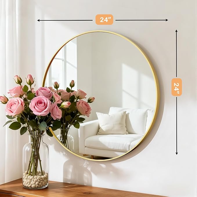 24 Inch Round Bathroom Mirror for Wall, Matte Gold Metal Framed | Circle Vanity Mirror for Bathroom Bedroom Living Room Entryway, Anti-Rust, Tempered Glass, Hanging or Leaning