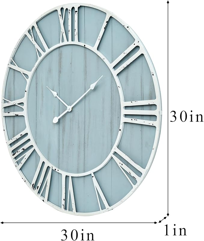 Large Farmhouse Wall Clock 30 Inch Vintage Blue Wooden Wall Clock with Quiet Ticking and Minimalist Roman Numerals for Bedroom Living Room Office Kitchen Home Decor, Battery Operated