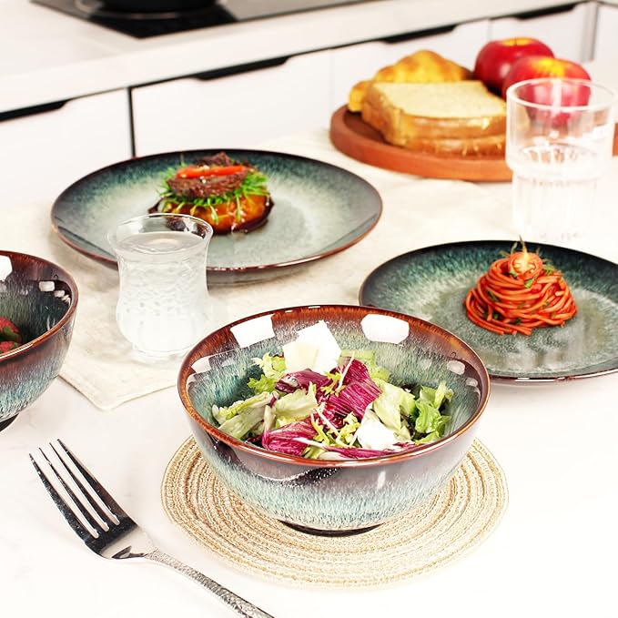 Dinner Set 12 Pieces - Round Reactive Glaze Tableware - Kitchen Dinnerware Porcelain Crockery with Dinner Plate, Bowl and Soup Plate Service for 4, Microwave Dishwasher Safe, Set (No.2)