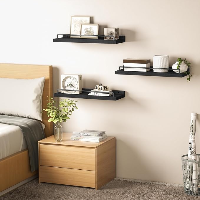 Floating Shelves for Wall Decor Bathroom Shelves Over Toilet, Farmhouse Wall Shelves for Living Room, Bedroom, Picture Frames, Plants, Kitchen (Black, Set of 3)