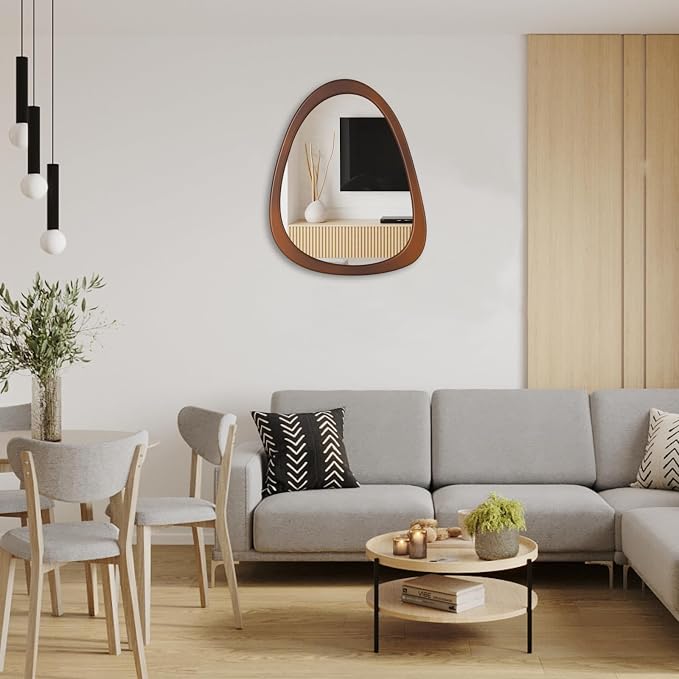 28"x 22" Irregular Wall Mirror, Wood Frame Asymmetrical Decorative Wall Wooden Mirror for Living Room Bedroom Entryway Bathroom Mid Century Home Decor Cherry Brown