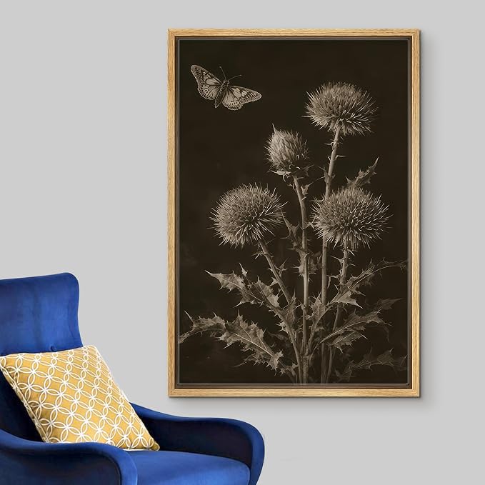 Woodrose Framed Canvas Print Wall Art Sepia Botanical Thistle with Butterfly Vintage Illustrations Modern Art Minimalist 3D Colorful Ultra for Living Room, Bedroom, Office - 24"x36" NATURAL