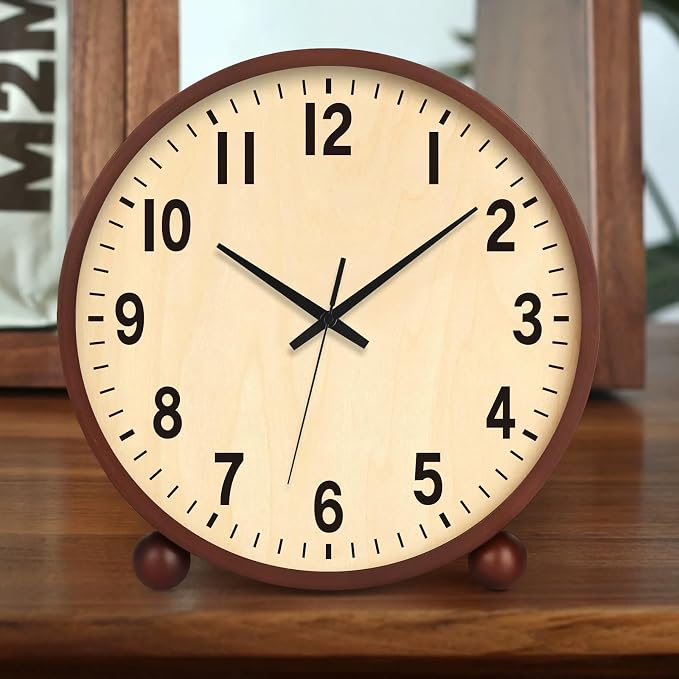 Maxspace Wooden Table Clock,8in Silent Non-Ticking Desk Clock,Battery Operated Desktop Analog Clock for Living Room Bedroom Kitchen Office Classroom Decor (Walnut)