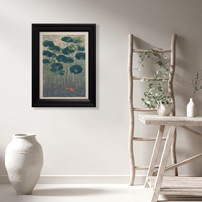 Vintage Framed Lotus And Koi Canvas Poster Japanese Floral Botanical Pond Wall Art Retro Oriental Asian Prints Decor for Bedroom Zen Meditation Room Home 16x24 inch