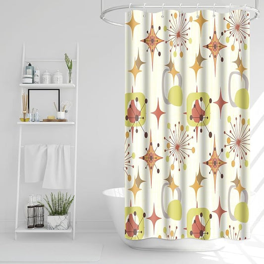 Mid Century Shower Curtain, 36x72inch, Modern Abstract Retro Yellow Striped Geometric Shower Curtain Sets 1950s Boho Bathroom Shower Curtain with 6 Hooks