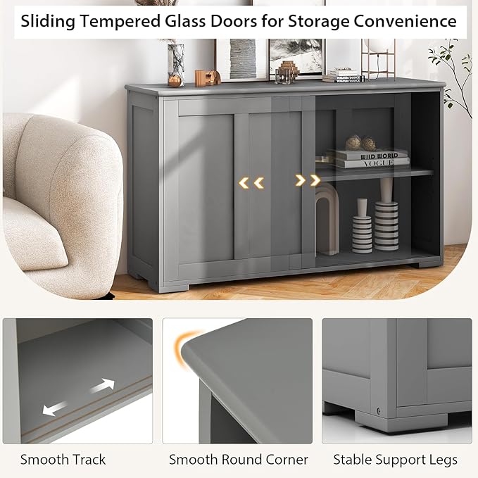 Sideboards Buffet Cabinet with Storage, Sliding Door Coffee Bar, Console Table with Adjustable Shelf, Credenzas for Living Room, Stackable Kitchen Cupboard for Dining Room (Grey)